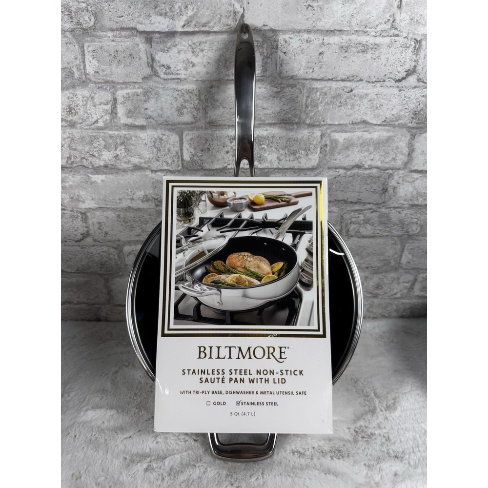 New Biltmore Stainless Steel Non-Stick Saute Pan With Lid 5 Qt Tri-Ply Base